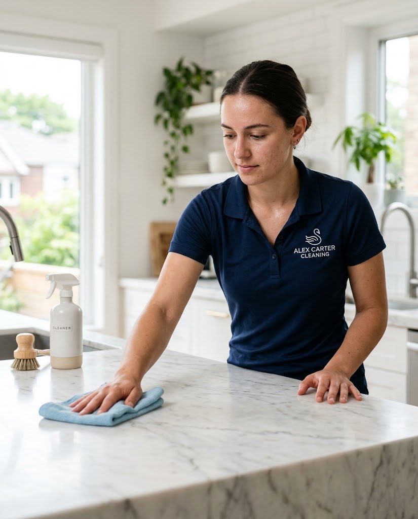 AlexCarter cleaning professional wiping a marble kitchen counter during a GTA home clean