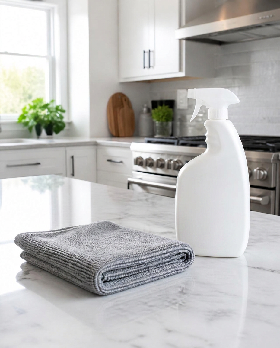 Sparkling clean kitchen island with cleaning supplies