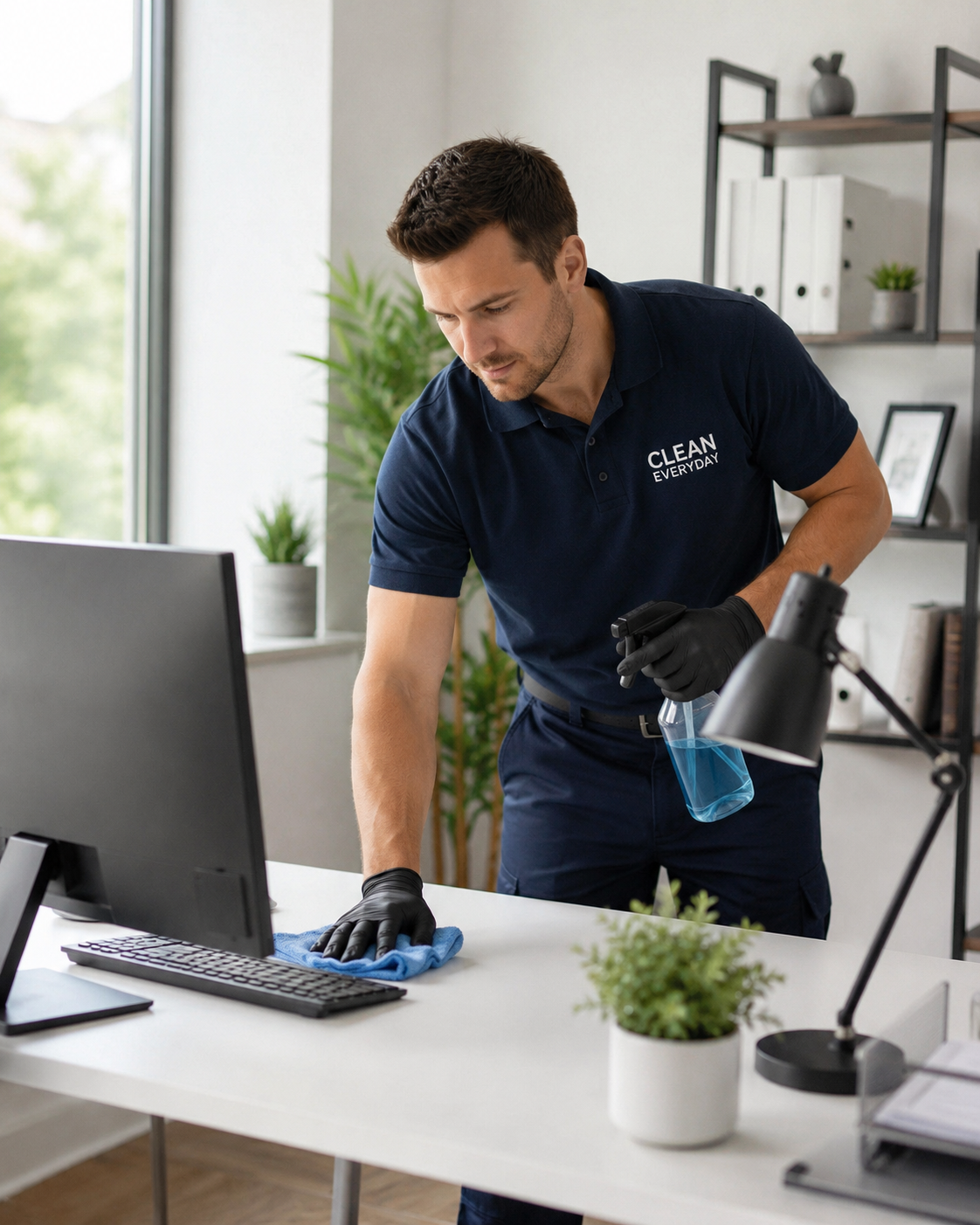 AlexCarter technician wiping down an office desk