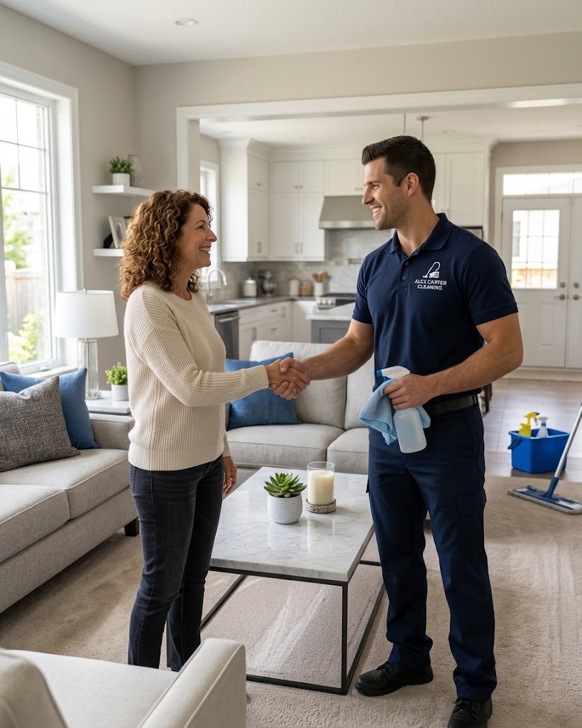AlexCarter cleaner greeting a happy client after a home cleaning in the GTA