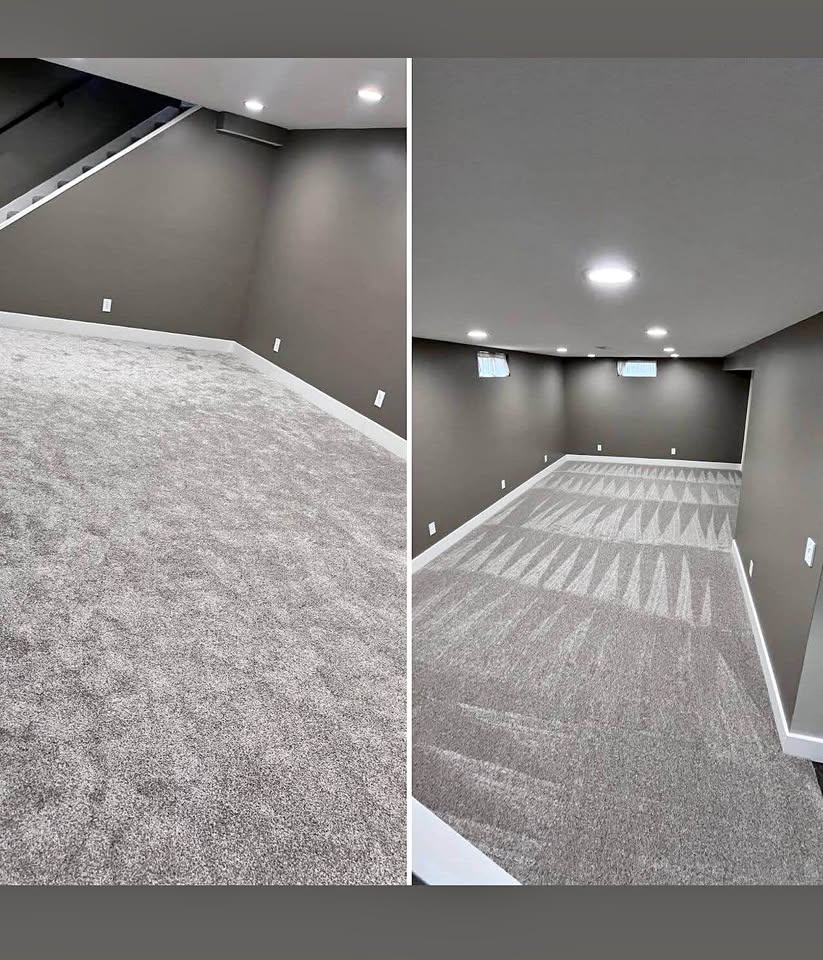 Before and after carpet cleaning results in a GTA basement