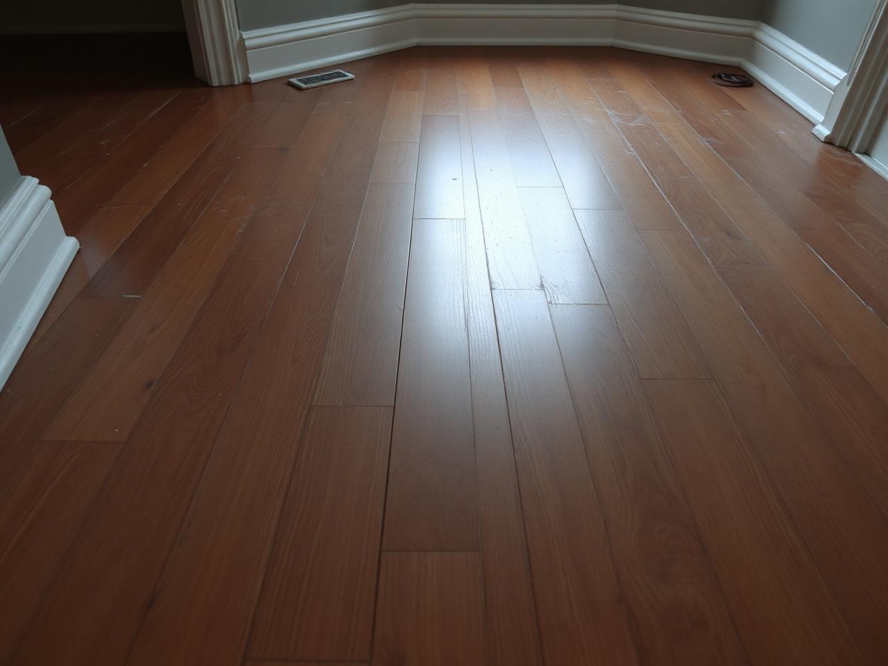 Dull dusty hardwood floor before professional floor cleaning