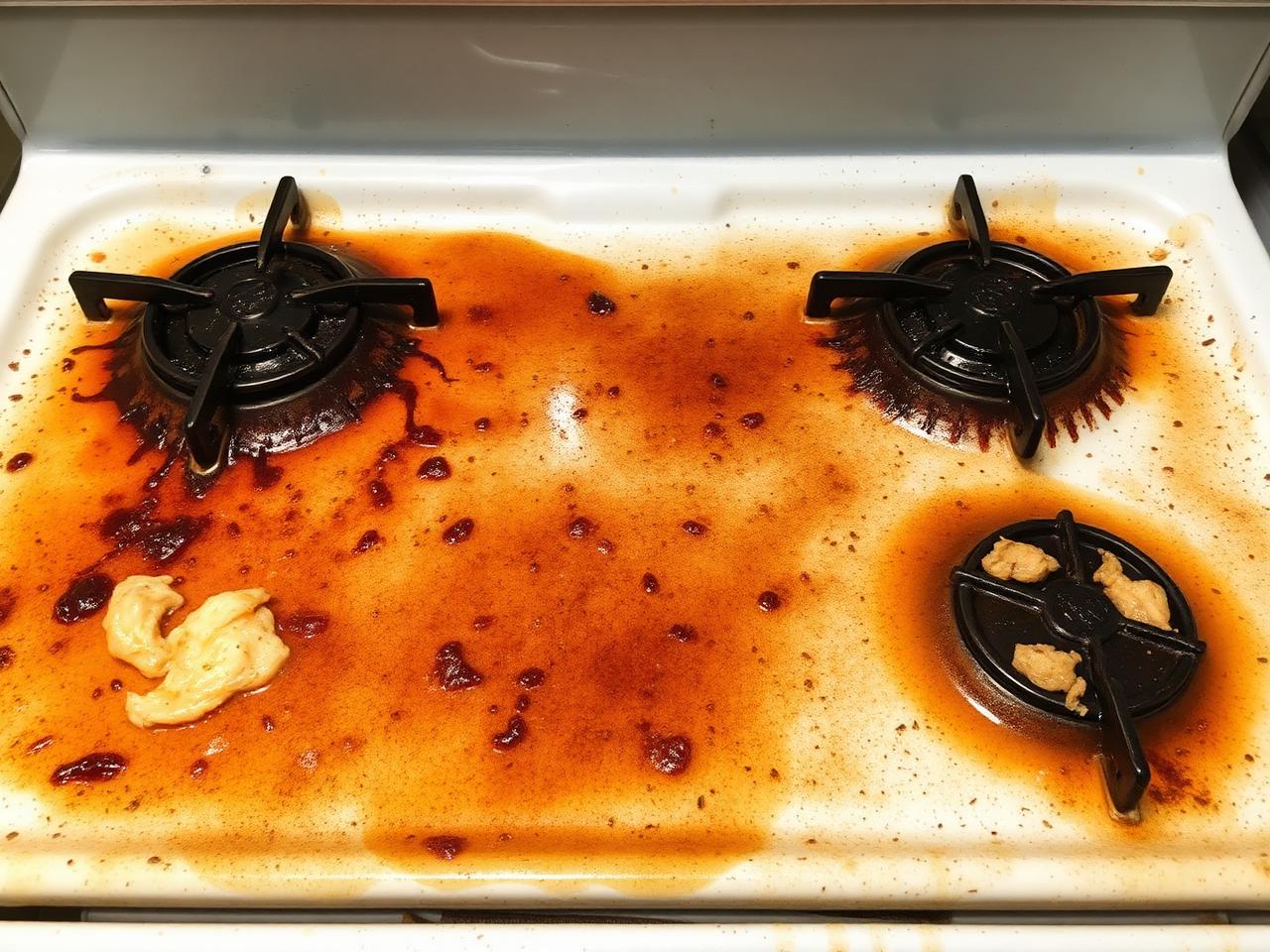 Greasy stovetop before professional kitchen cleaning in Toronto