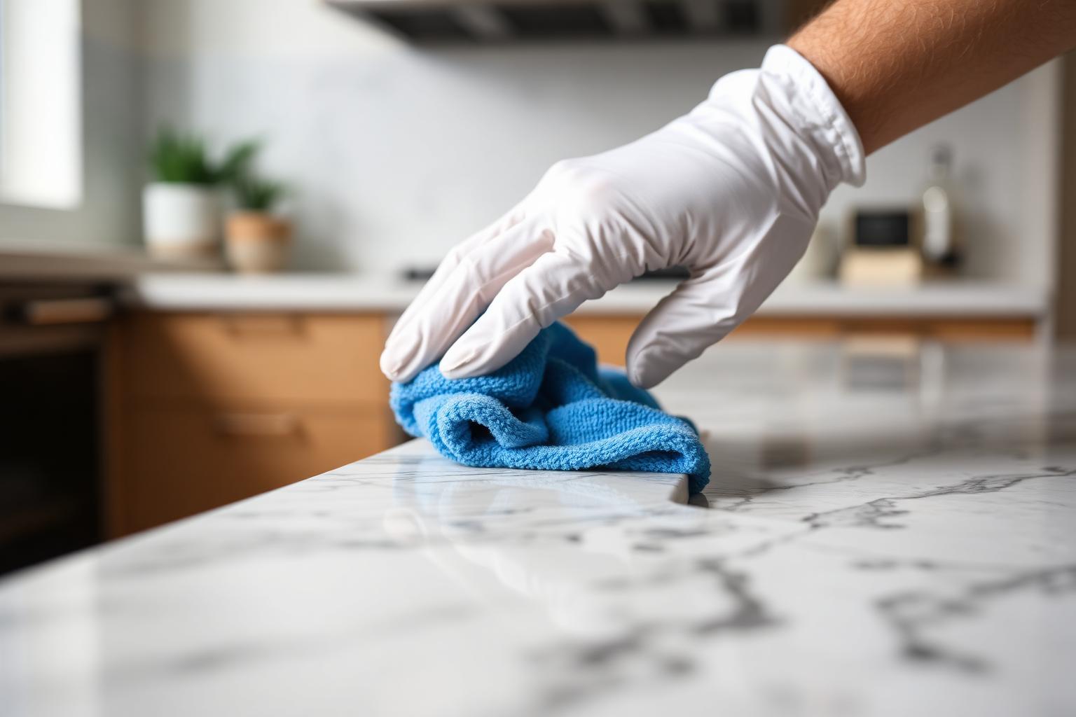 Close-up of a cleaner polishing a marble kitchen countertop during a GTA deep clean