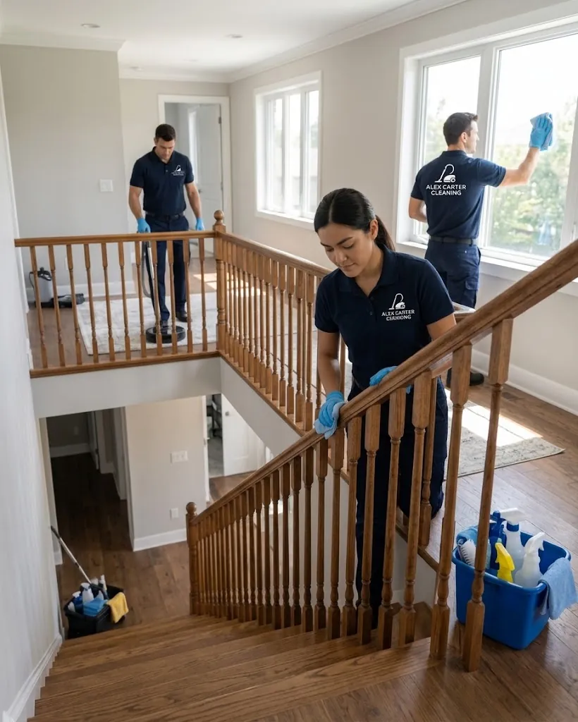AlexCarter Cleaning crew in navy uniforms arriving for a home cleaning